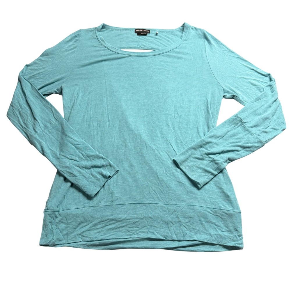 Prana Womens Teal Blue Long Sleeve Open Surplice Wrap Back Thumbhole Top Large